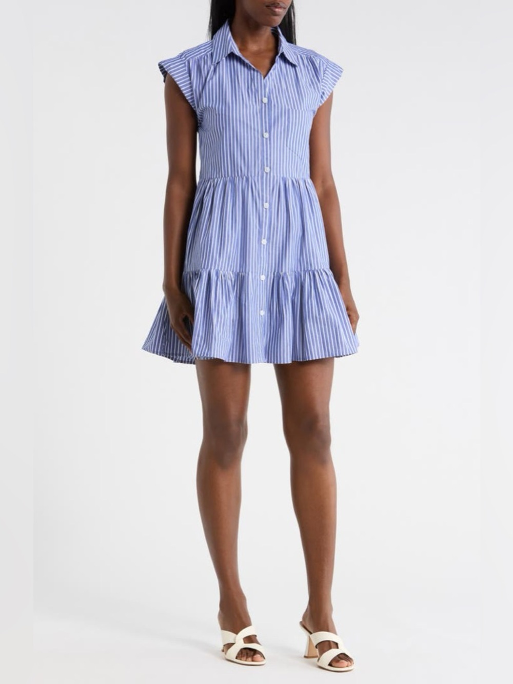 Tommy Hilfiger Blue and White Striped Tiered Button-Front Mini Dress